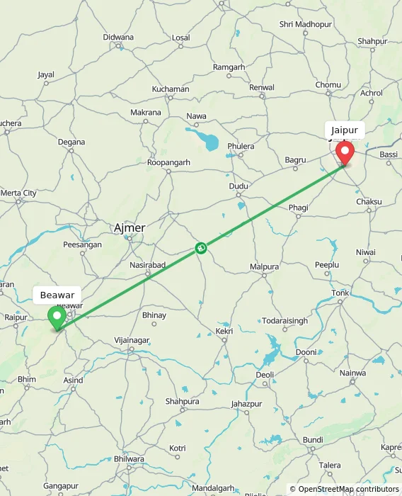 Route map showing distance and travel time from Beawar, India to Jaipur, India