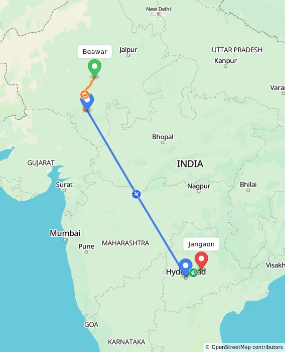 Route map showing distance and travel time from Beawar, India to Jangaon, India