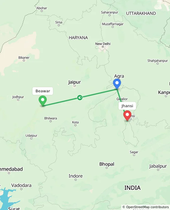 Route map showing distance and travel time from Beawar, India to Jhansi, India
