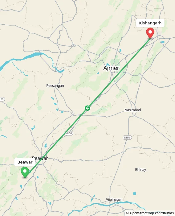 Route map showing distance and travel time from Beawar, India to Kishangarh, India