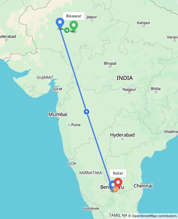 Route map showing distance and travel time from Beawar, India to Kolar, India