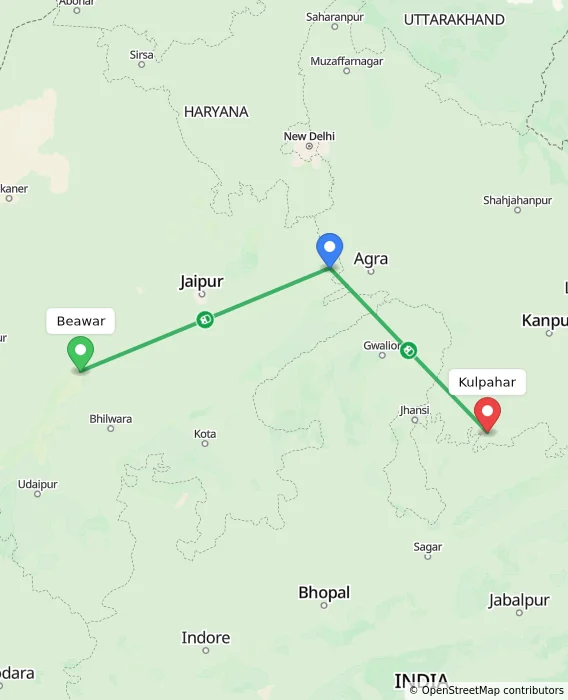 Route map showing distance and travel time from Beawar, India to Kulpahar, India
