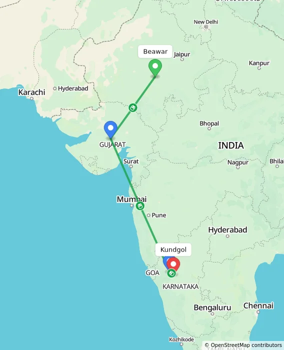 Route map showing distance and travel time from Beawar, India to Kundgol, India