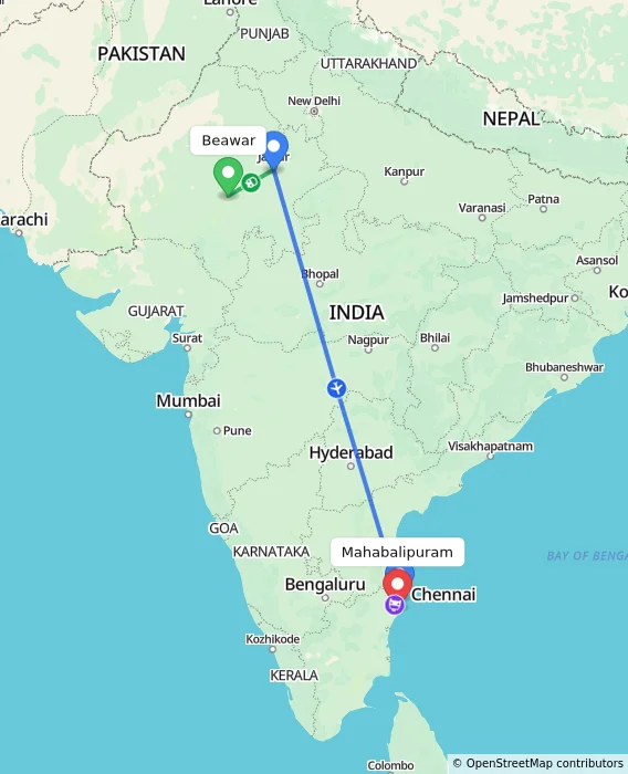 Route map showing distance and travel time from Beawar, India to Mahabalipuram, India