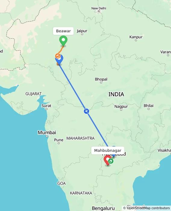 Route map showing distance and travel time from Beawar, India to Mahbubnagar, India