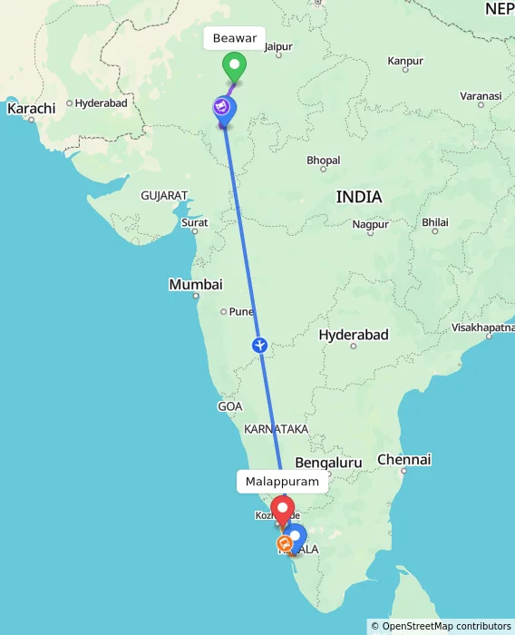 Route map showing distance and travel time from Beawar, India to Malappuram, India