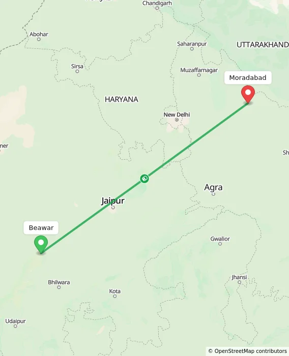 Route map showing distance and travel time from Beawar, India to Moradabad, India