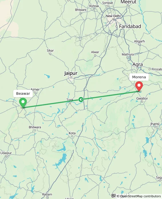 Route map showing distance and travel time from Beawar, India to Morena, India