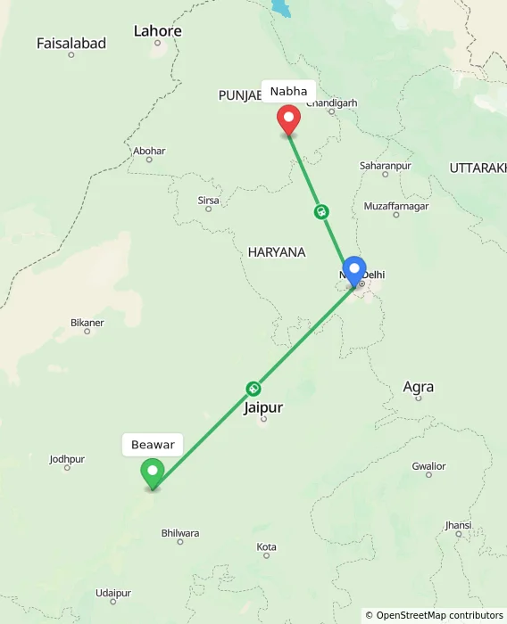 Route map showing distance and travel time from Beawar, India to Nabha, India