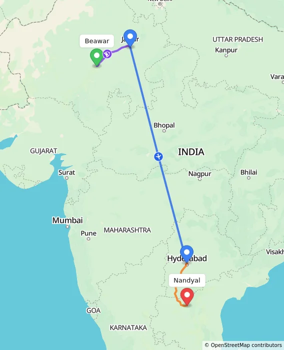 Route map showing distance and travel time from Beawar, India to Nandyal, India