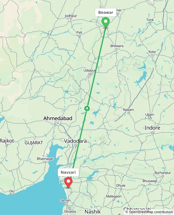 Route map showing distance and travel time from Beawar, India to Navsari, India