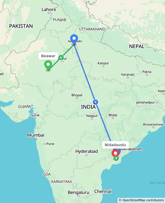 Route map showing distance and travel time from Beawar, India to Nidadavolu, India