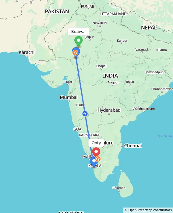 Route map showing distance and travel time from Beawar, India to Ooty, India