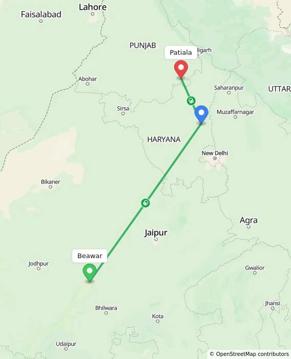Route map showing distance and travel time from Beawar, India to Patiala, India