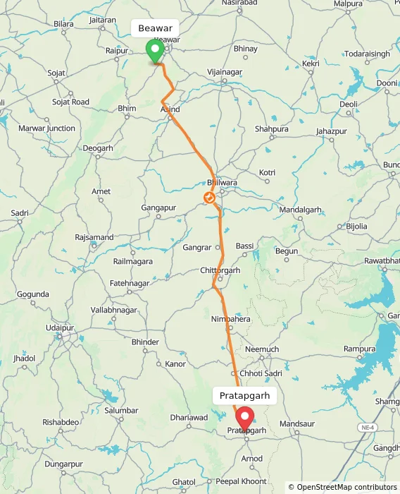 Route map showing distance and travel time from Beawar, India to Pratapgarh, India