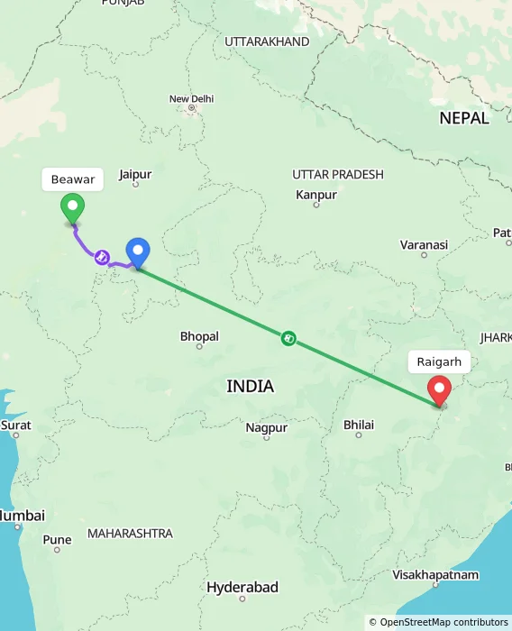 Route map showing distance and travel time from Beawar, India to Raigarh, India