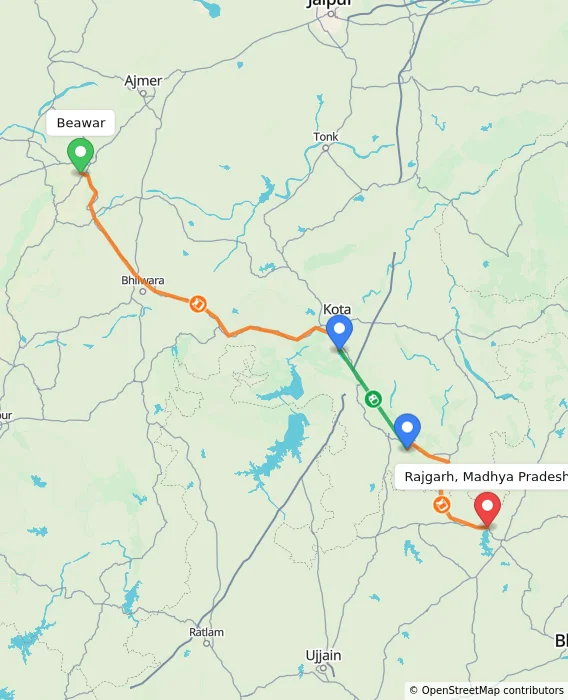 Route map showing distance and travel time from Beawar, India to Rajgarh, Madhya Pradesh, India