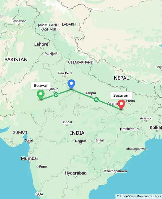 Route map showing distance and travel time from Beawar, India to Sasaram, India