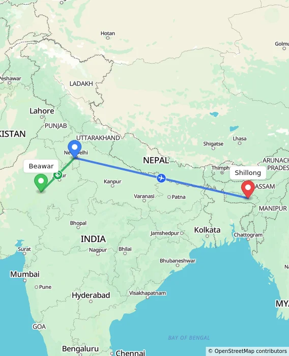 Route map showing distance and travel time from Beawar, India to Shillong, India