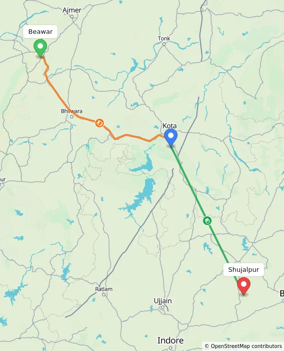 Route map showing distance and travel time from Beawar, India to Shujalpur, India
