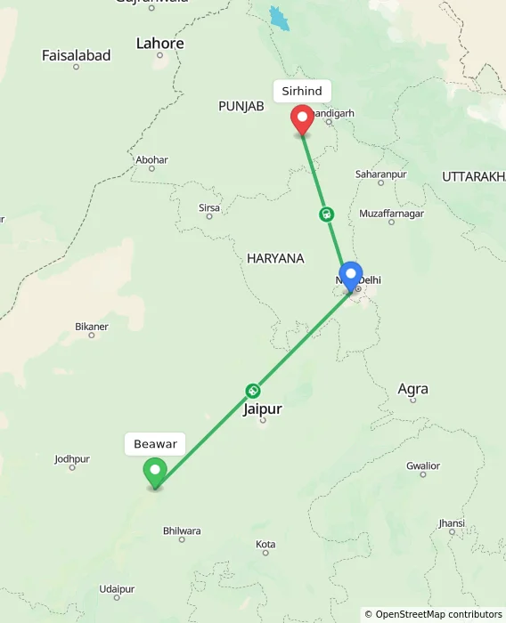 Route map showing distance and travel time from Beawar, India to Sirhind, India