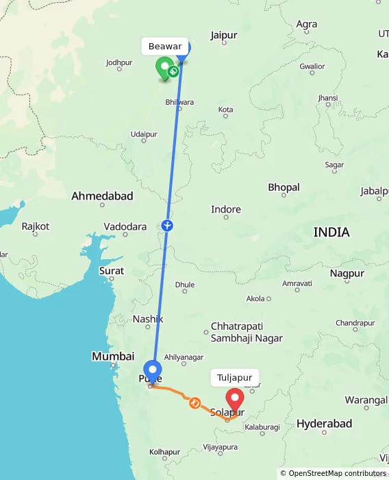 Route map showing distance and travel time from Beawar, India to Tuljapur, India