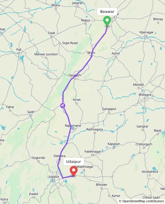 Route map showing distance and travel time from Beawar, India to Udaipur, India