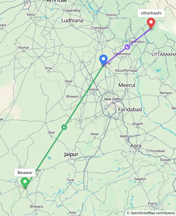 Route map showing distance and travel time from Beawar, India to Uttarkashi, India