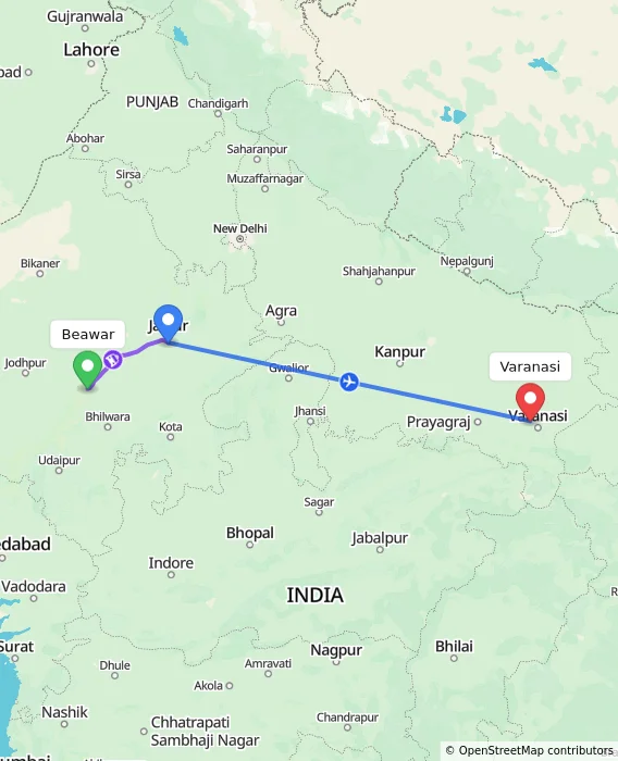 Route map showing distance and travel time from Beawar, India to Varanasi, India