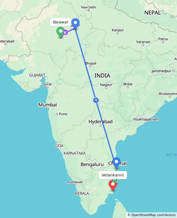 Route map showing distance and travel time from Beawar, India to Velankanni, India