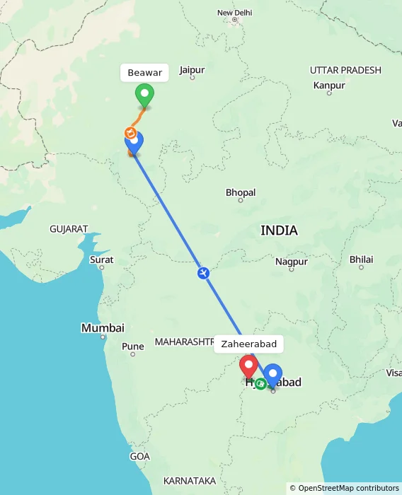 Route map showing distance and travel time from Beawar, India to Zaheerabad, India