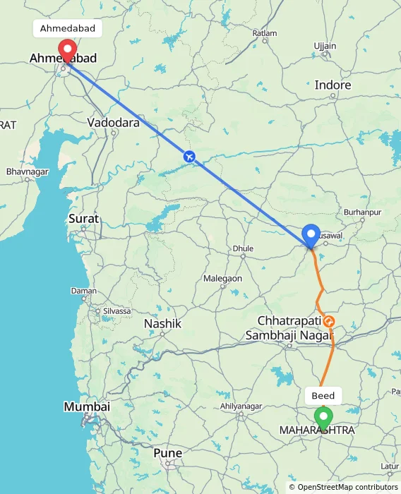 Route map showing distance and travel time from Beed, India to Ahmedabad, India