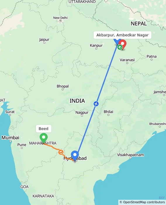 Route map showing distance and travel time from Beed, India to Akbarpur, Ambedkar Nagar, India