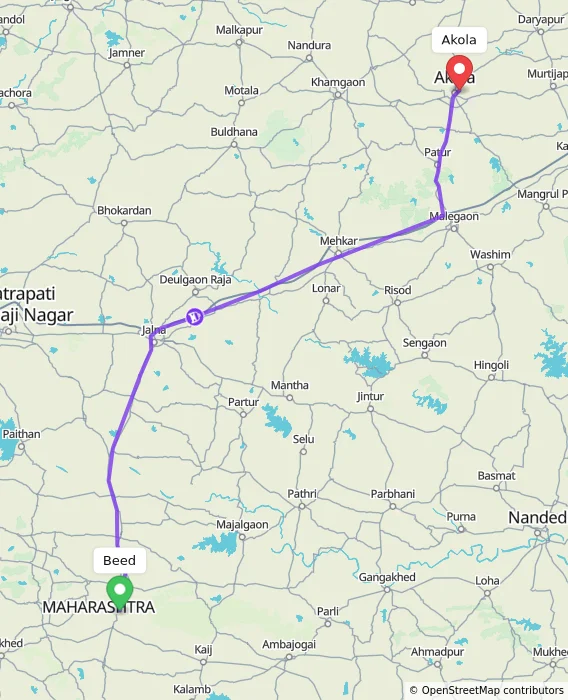 Route map showing distance and travel time from Beed, India to Akola, India