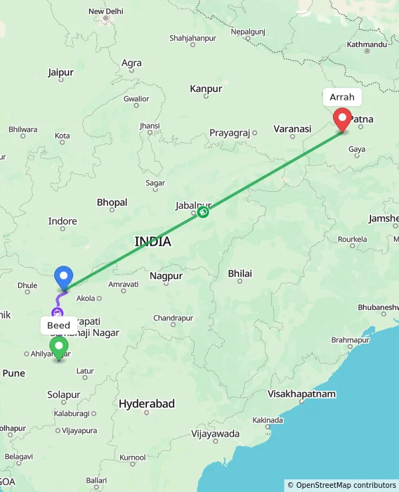 Route map showing distance and travel time from Beed, India to Arrah, India