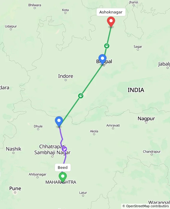 Route map showing distance and travel time from Beed, India to Ashoknagar, India