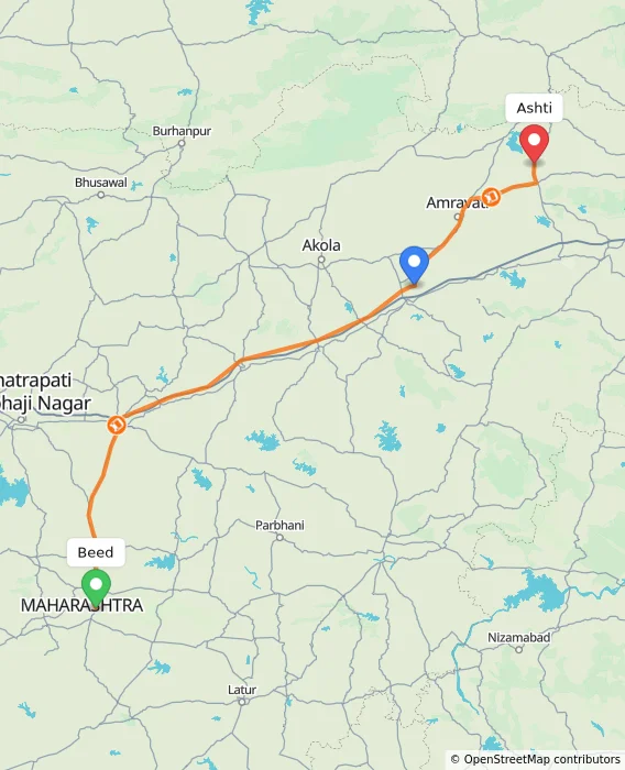 Route map showing distance and travel time from Beed, India to Ashti, India