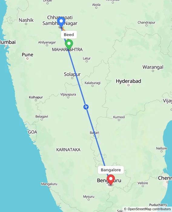 Route map showing distance and travel time from Beed, India to Bangalore, India