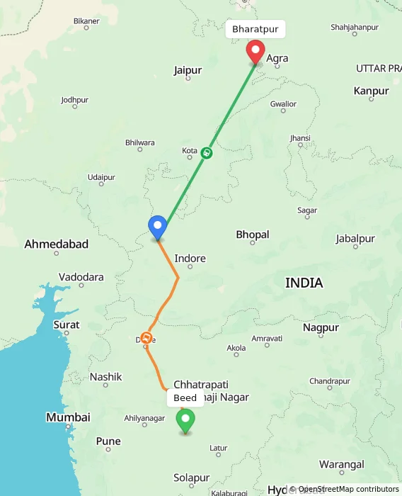 Route map showing distance and travel time from Beed, India to Bharatpur, India