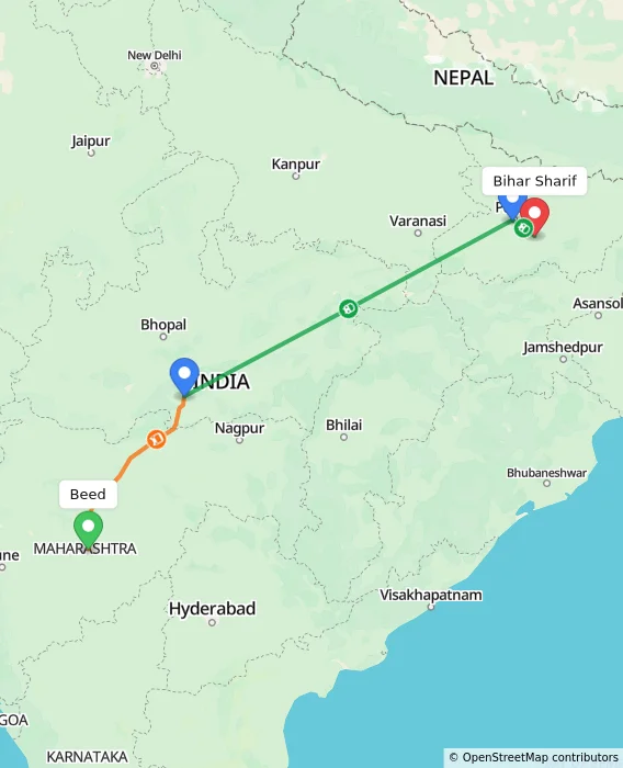 Route map showing distance and travel time from Beed, India to Bihar Sharif, India