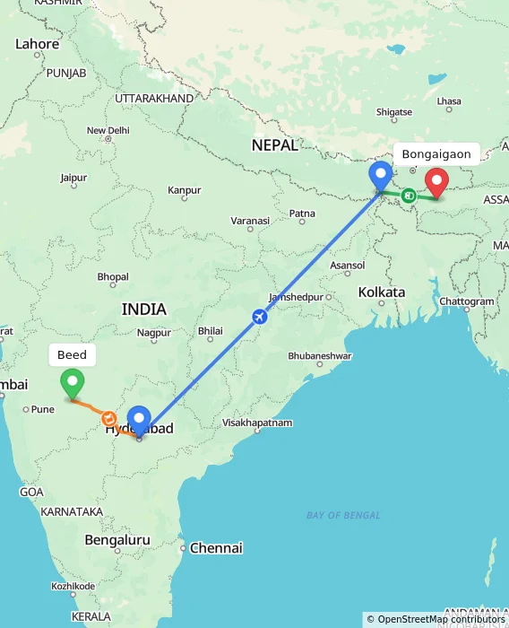 Route map showing distance and travel time from Beed, India to Bongaigaon, India