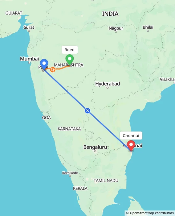 Route map showing distance and travel time from Beed, India to Chennai, India