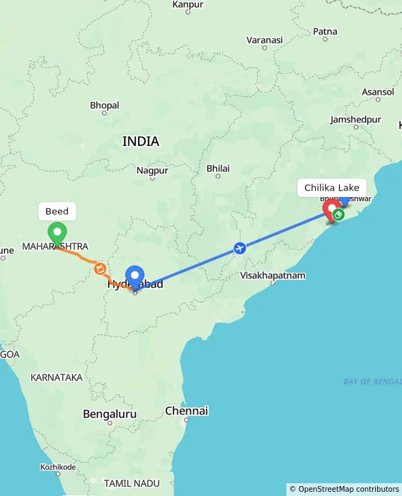 Route map showing distance and travel time from Beed, India to Chilika Lake, India