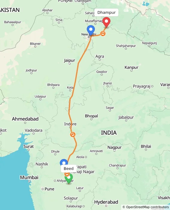 Route map showing distance and travel time from Beed, India to Dhampur, India