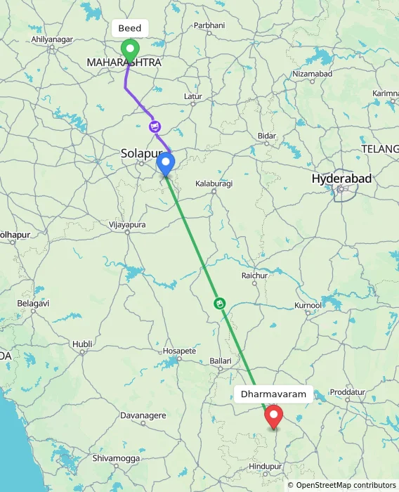 Route map showing distance and travel time from Beed, India to Dharmavaram, India