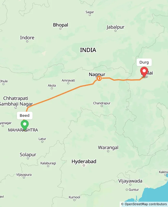 Route map showing distance and travel time from Beed, India to Durg, India
