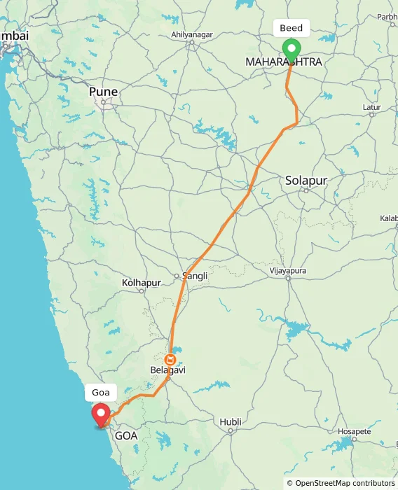 Route map showing distance and travel time from Beed, India to Goa, India