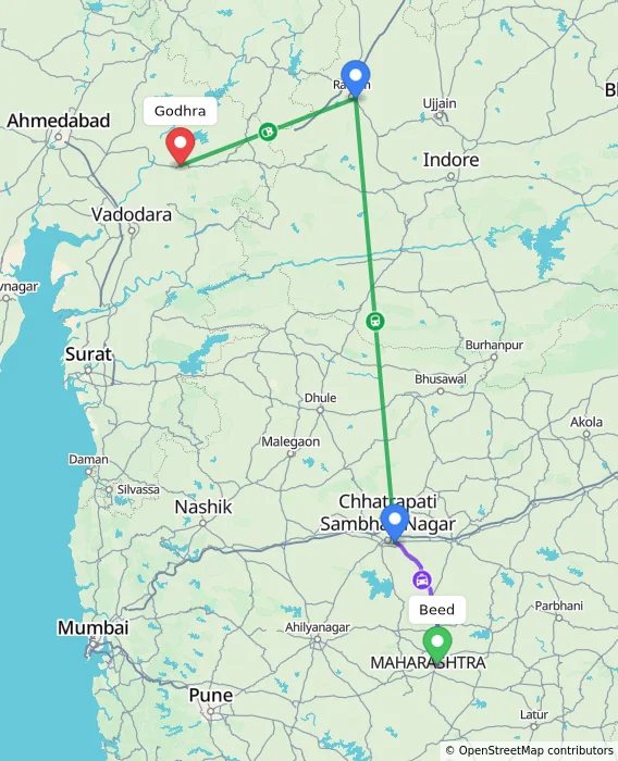 Route map showing distance and travel time from Beed, India to Godhra, India