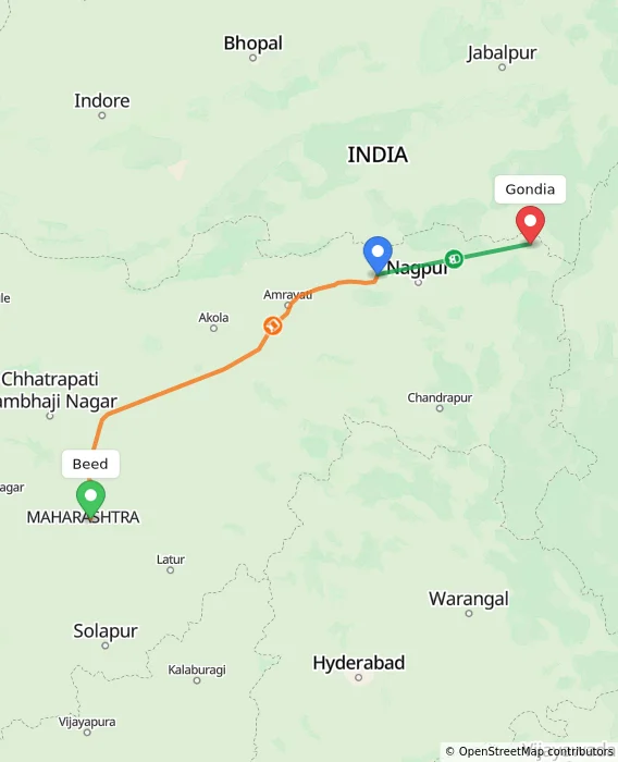 Route map showing distance and travel time from Beed, India to Gondia, India