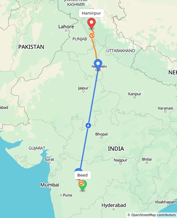 Route map showing distance and travel time from Beed, India to Hamirpur, India